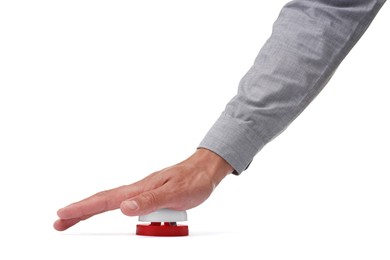 Photo of Man pressing button on white background, closeup