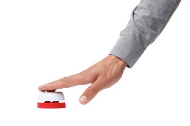 Photo of Man pressing button on white background, closeup