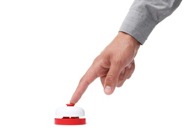 Photo of Man pressing button on white background, closeup