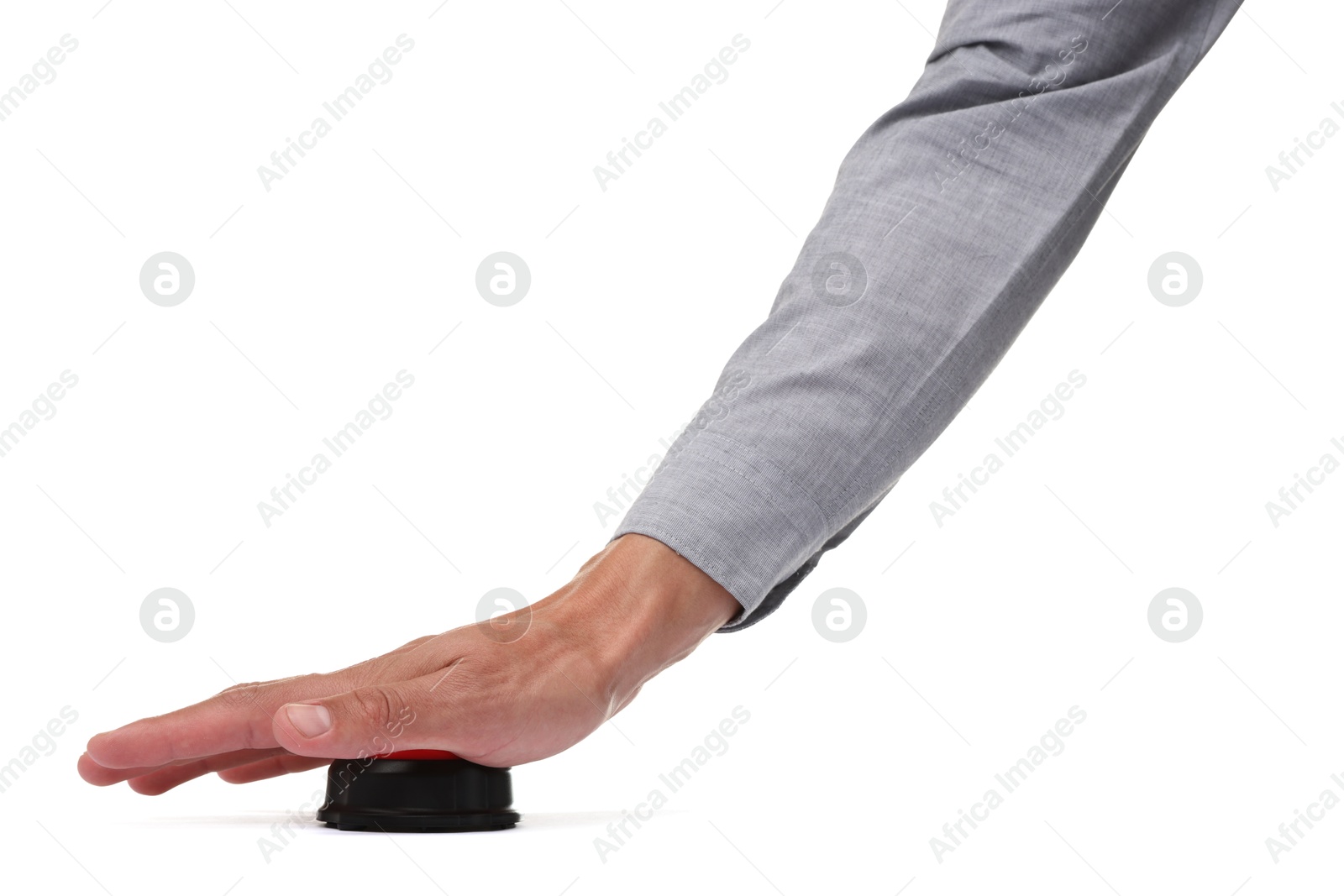 Man pressing button on white background, closeup Photo of Man pressing button on white background, closeup