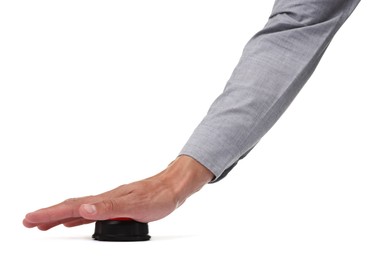 Photo of Man pressing button on white background, closeup