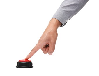 Photo of Man pressing button on white background, closeup