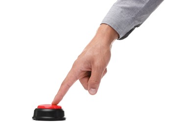 Photo of Man pressing button on white background, closeup