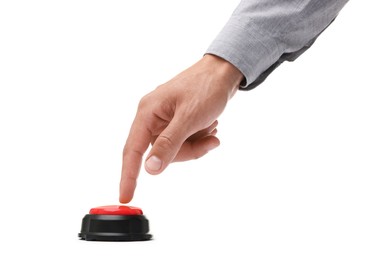 Photo of Man pressing button on white background, closeup