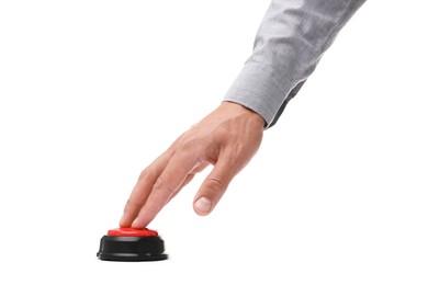 Photo of Man pressing button on white background, closeup