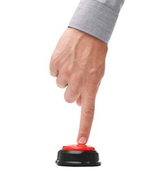 Photo of Man pressing button on white background, closeup