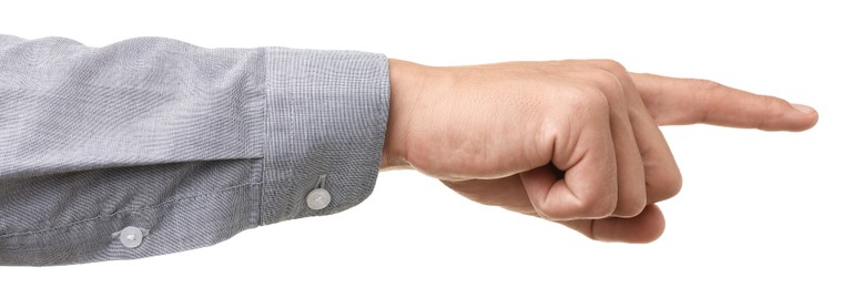 Photo of Man touching something on white background, closeup