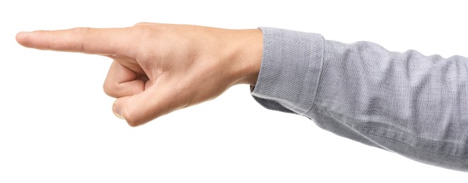 Photo of Man touching something on white background, closeup