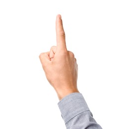 Photo of Man touching something on white background, closeup
