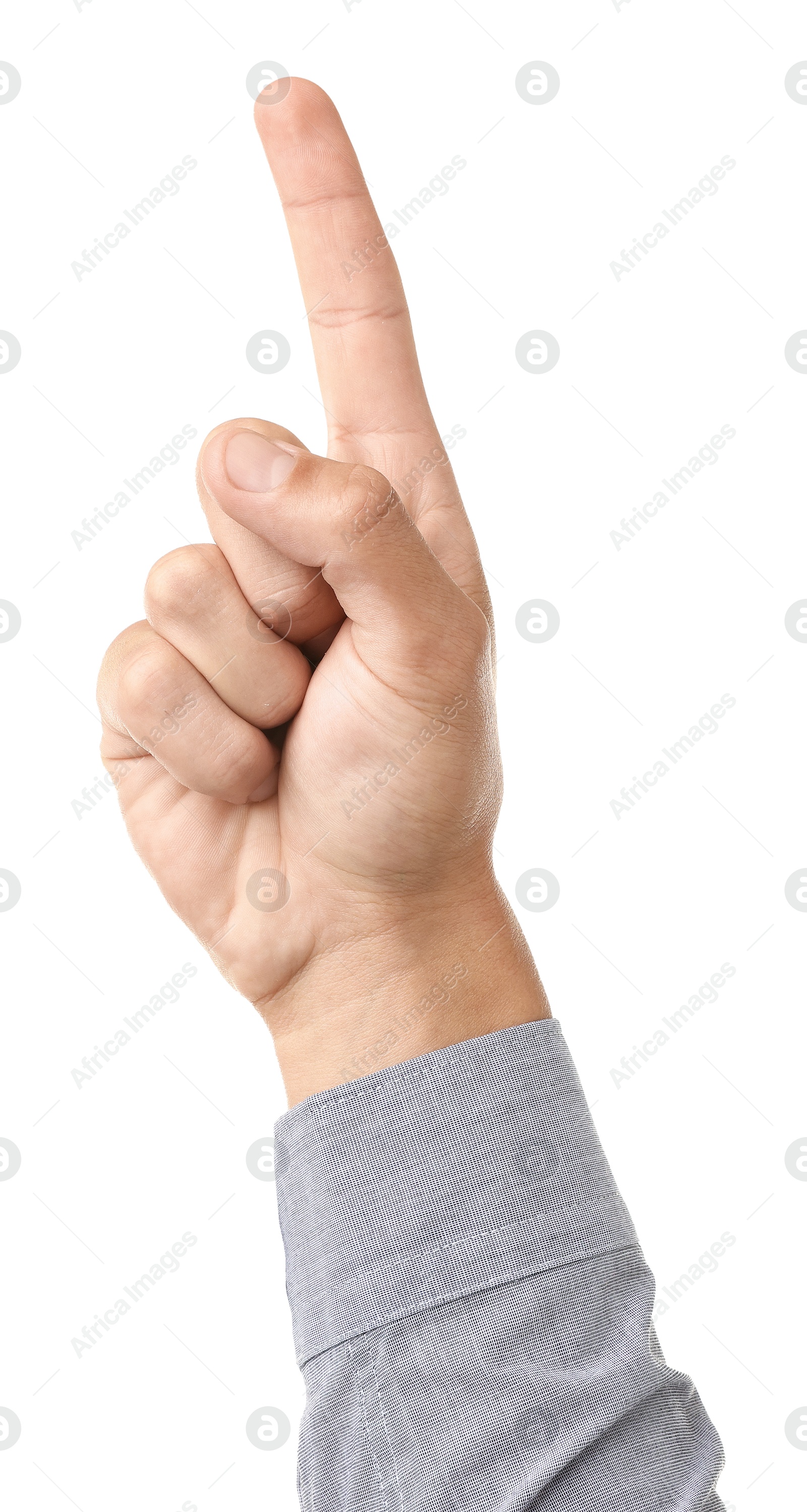 Man touching something on white background, closeup Photo of Man touching something on white background, closeup