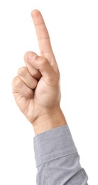 Photo of Man touching something on white background, closeup