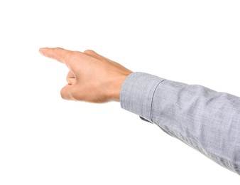 Photo of Man touching something on white background, closeup