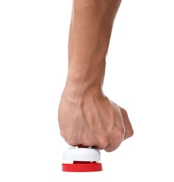 Photo of Man pressing button on white background, closeup