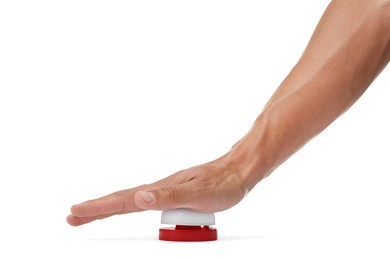 Photo of Man pressing button on white background, closeup
