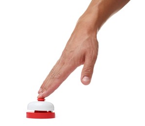 Photo of Man pressing button on white background, closeup