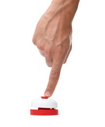 Photo of Man pressing button on white background, closeup