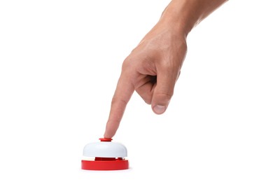 Photo of Man pressing button on white background, closeup