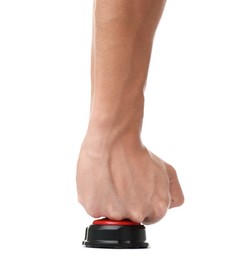 Photo of Man pressing button on white background, closeup