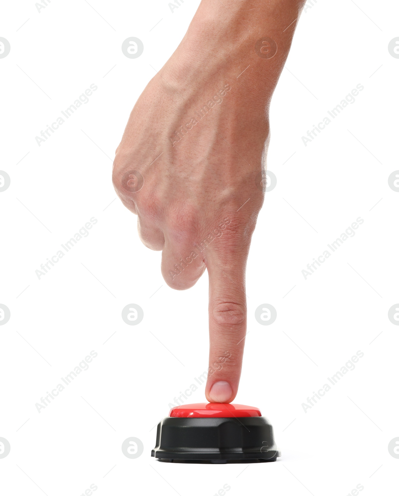Man pressing button on white background, closeup Photo of Man pressing button on white background, closeup