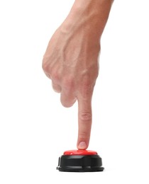 Photo of Man pressing button on white background, closeup