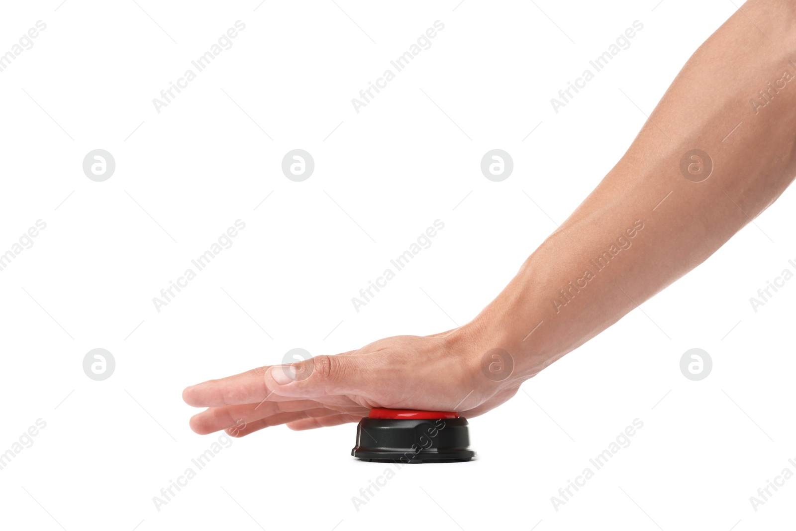 Man pressing button on white background, closeup Photo of Man pressing button on white background, closeup