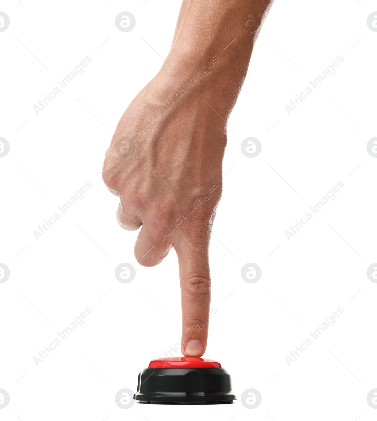 Man pressing button on white background, closeup Photo of Man pressing button on white background, closeup
