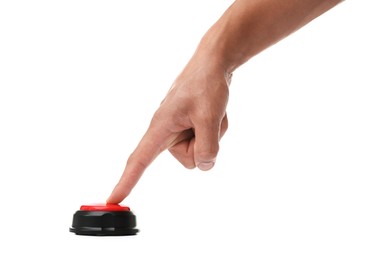Photo of Man pressing button on white background, closeup
