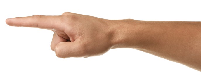 Photo of Man touching something on white background, closeup
