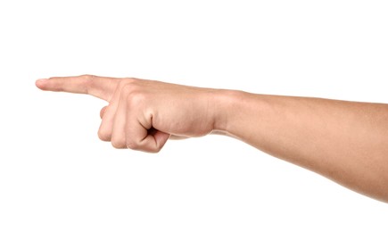 Photo of Man touching something on white background, closeup