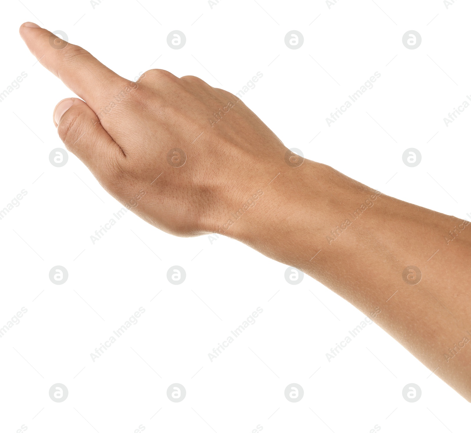 Man touching something on white background, closeup Photo of Man touching something on white background, closeup