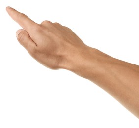 Photo of Man touching something on white background, closeup