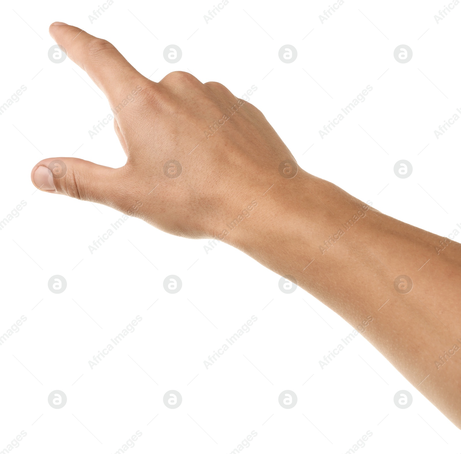 Man touching something on white background, closeup Photo of Man touching something on white background, closeup