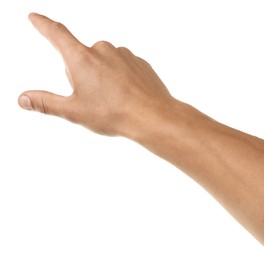 Photo of Man touching something on white background, closeup