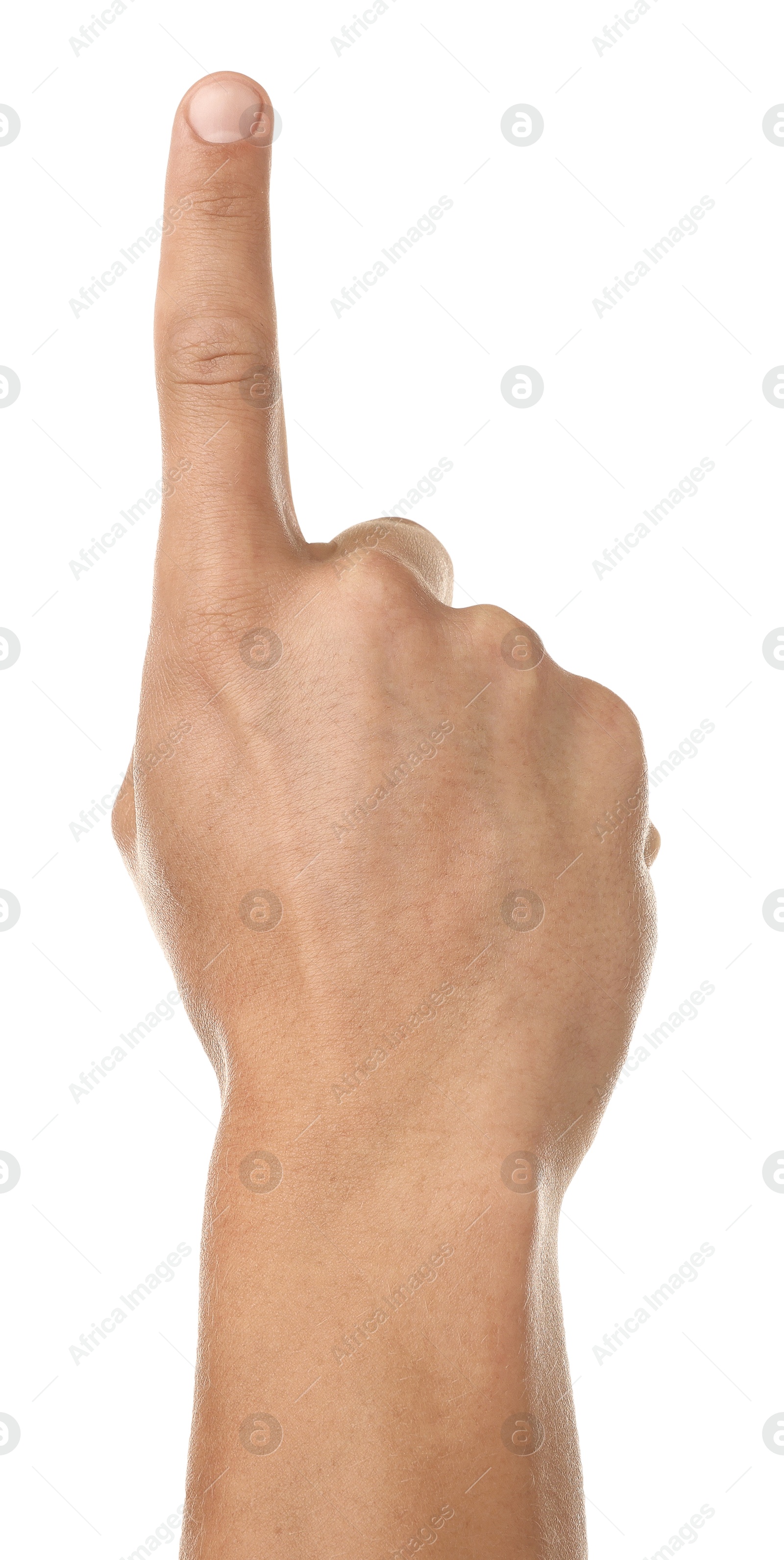 Man touching something on white background, closeup Photo of Man touching something on white background, closeup