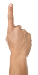 Photo of Man touching something on white background, closeup