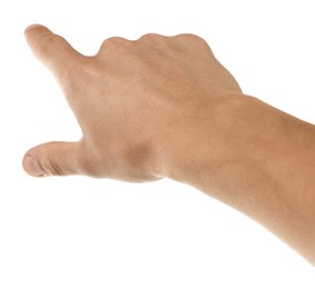 Photo of Man touching something on white background, closeup