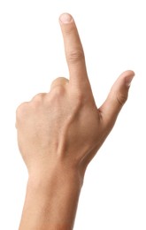 Photo of Man touching something on white background, closeup