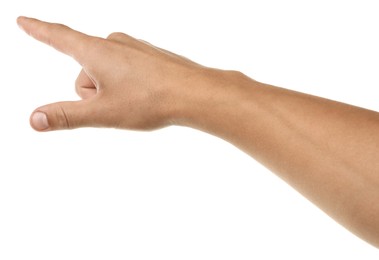 Photo of Man touching something on white background, closeup