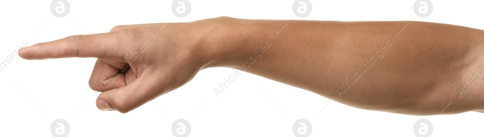 Man touching something on white background, closeup Photo of Man touching something on white background, closeup