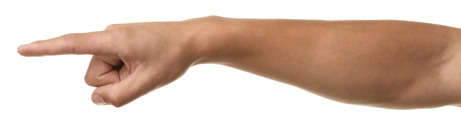 Photo of Man touching something on white background, closeup
