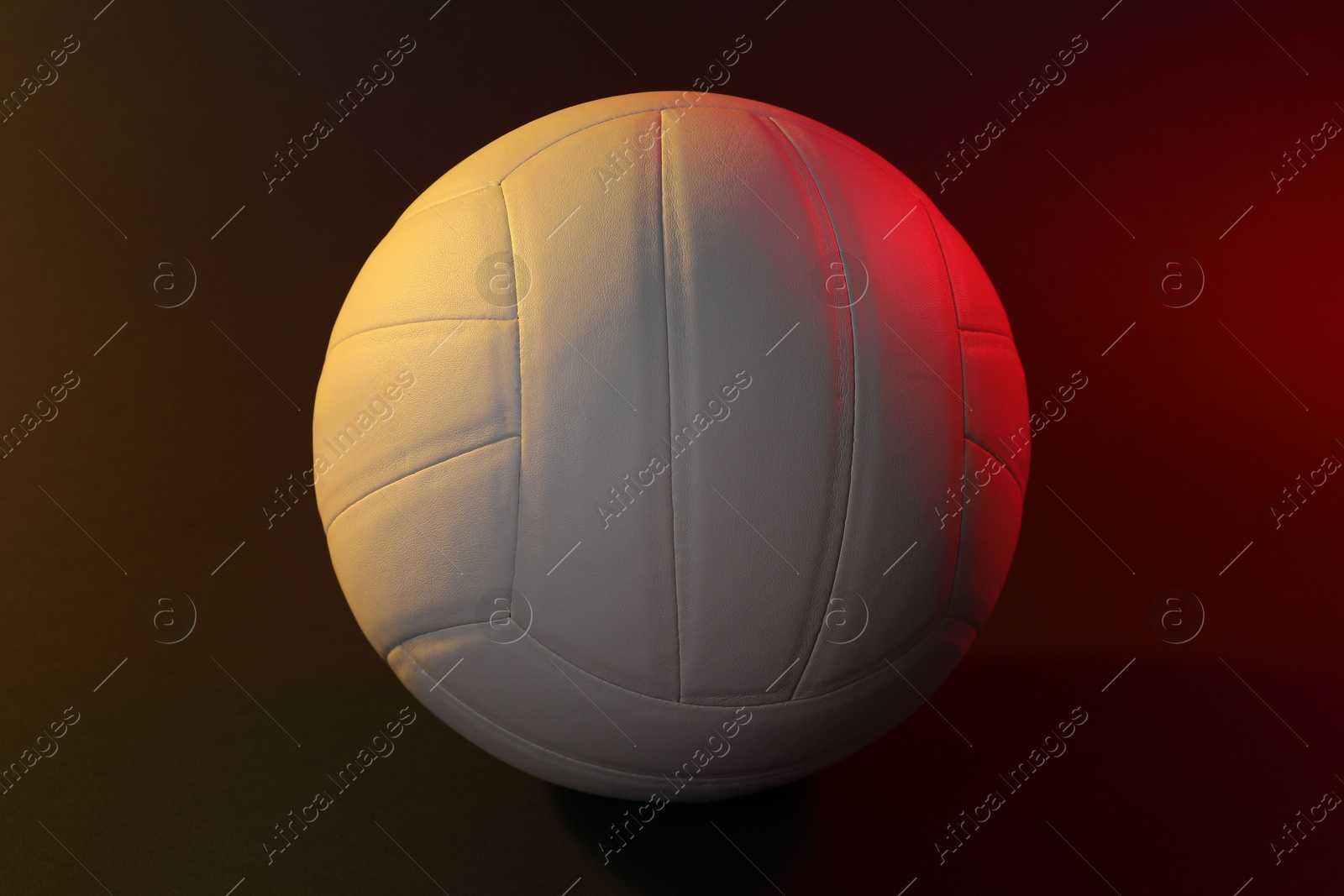 Photo of White volleyball ball on dark background in color lights