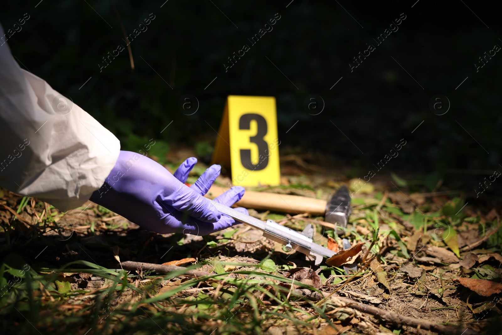 Photo of Forensic expert working at crime scene outdoors, closeup