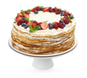Photo of Delicious crepe cake with fresh berries isolated on white