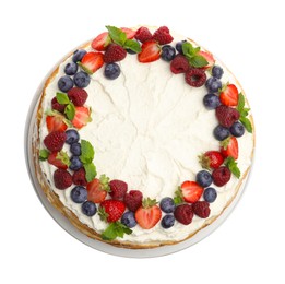 Photo of Delicious crepe cake with fresh berries isolated on white, top view
