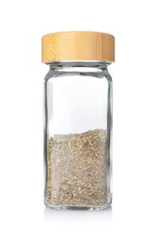 Photo of Ground black pepper in glass jar isolated on white. Aromatic spice