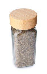 Photo of Ground black pepper in glass jar isolated on white. Aromatic spice