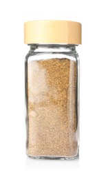 Photo of Ground caraway (Persian cumin) in glass jar isolated on white. Aromatic spice