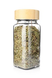 Photo of Dried rosemary in glass jar isolated on white. Aromatic spice