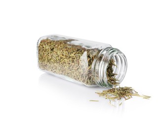 Photo of Dried rosemary in glass jar isolated on white. Aromatic spice