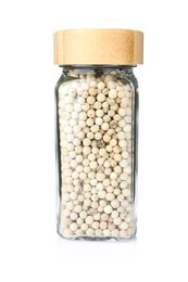 Photo of Peppercorns in glass jar isolated on white. Aromatic spice
